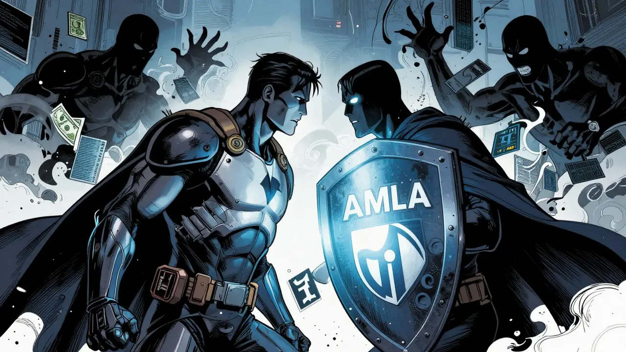 Comic hero shielding against money laundering shadows with AMLA shield