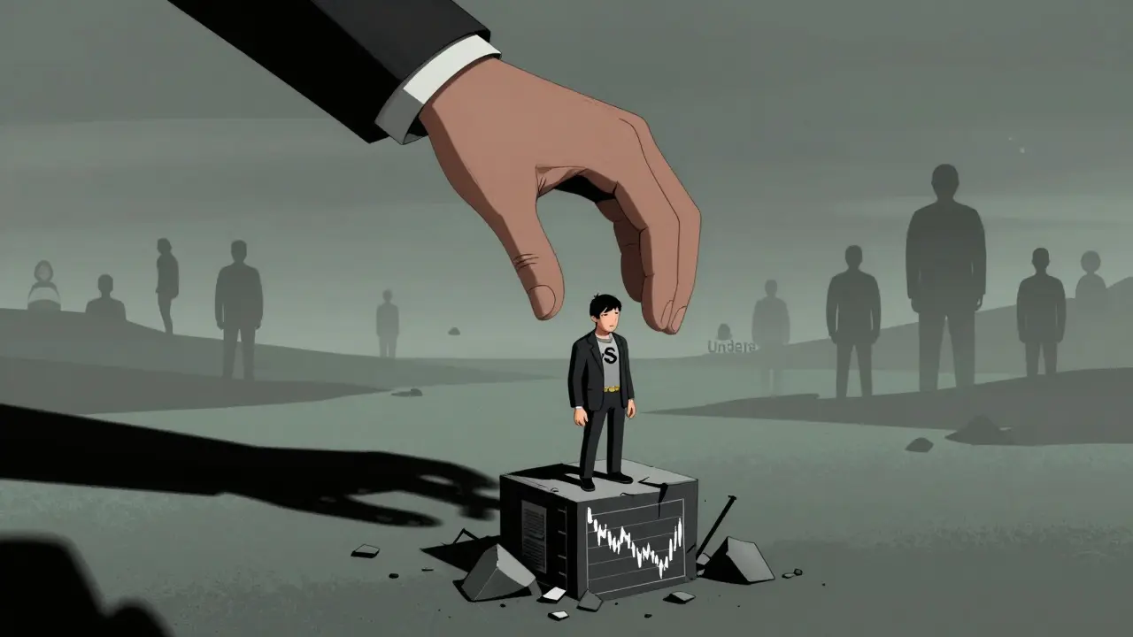 Comic illustration of a shrinking crypto exchange under the shadow of regulatory enforcement