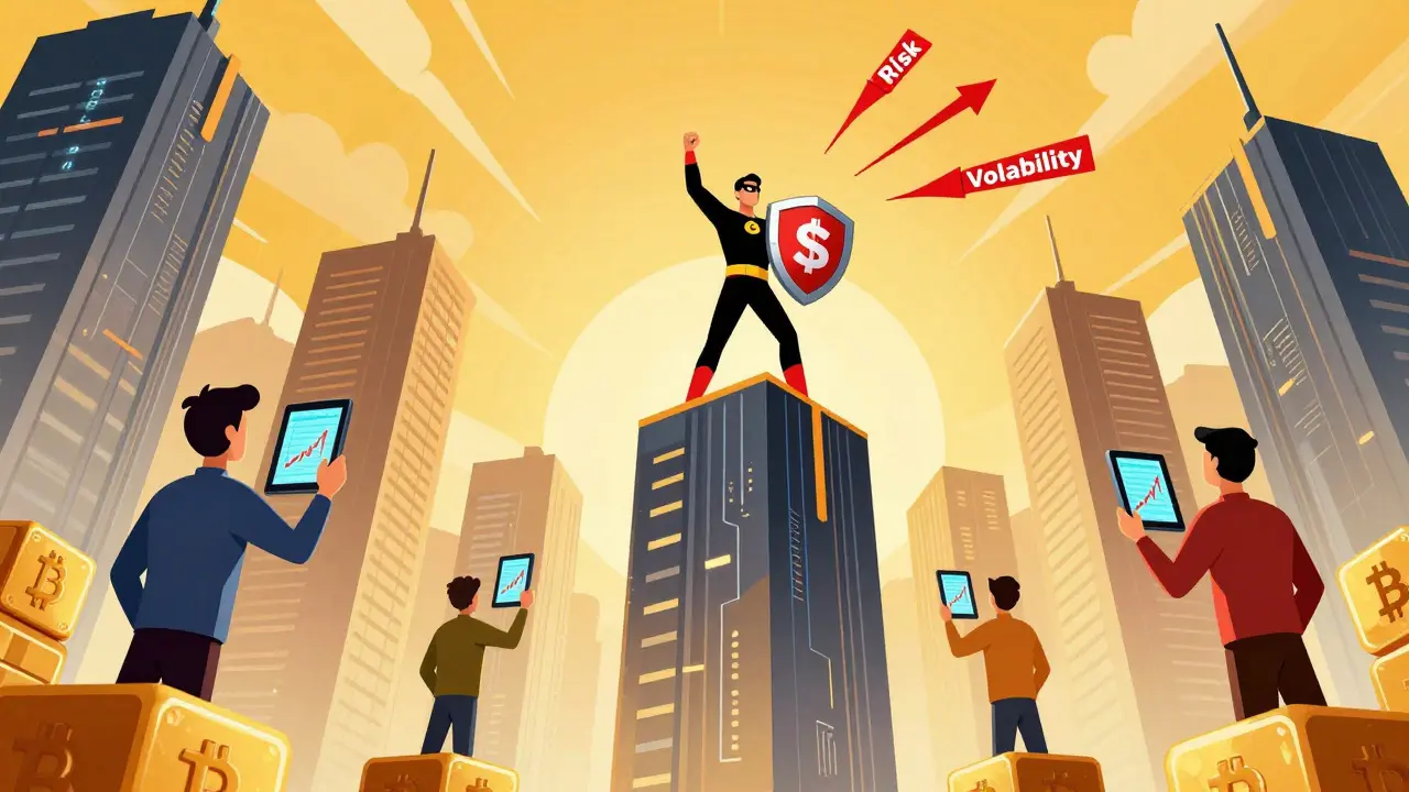 Comic illustration of Bitcoin restaking yielding rewards in a city