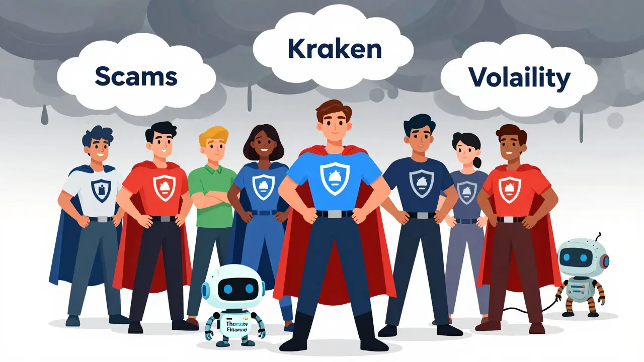 Comic illustration of safe crypto exchanges protecting users from scams