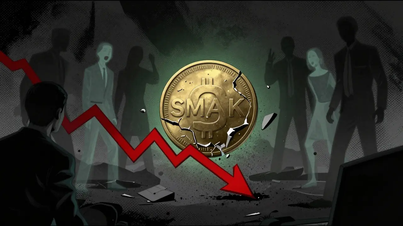 Comic illustration of SMAK token crumbling to dust, symbolizing price crash.