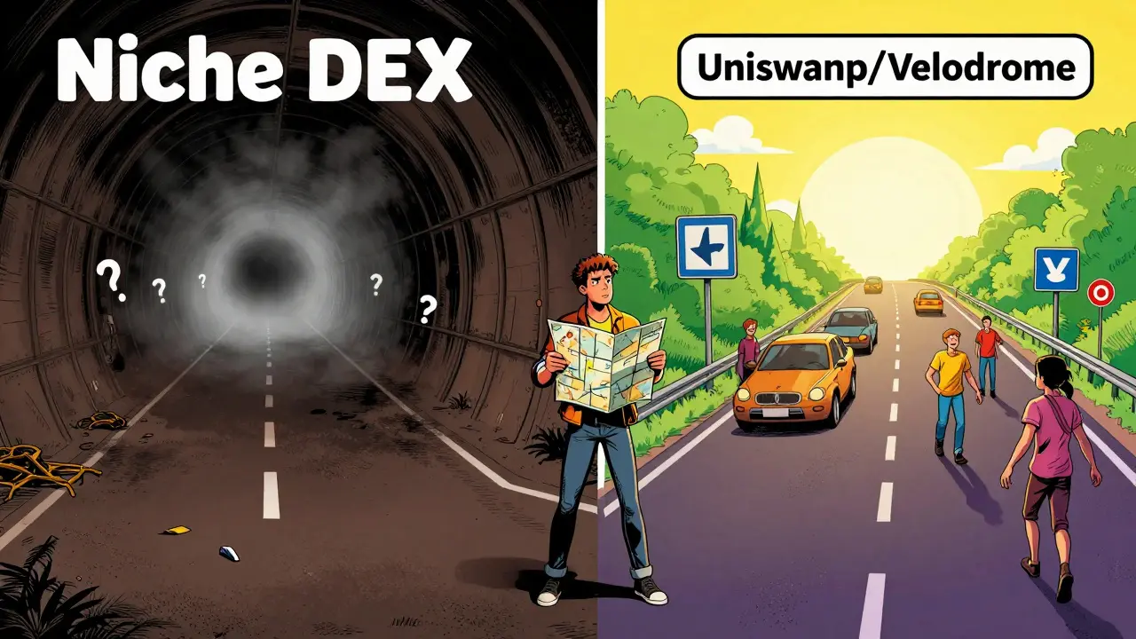 Comic panel comparing a risky dark tunnel vs a safe, bright trading highway.