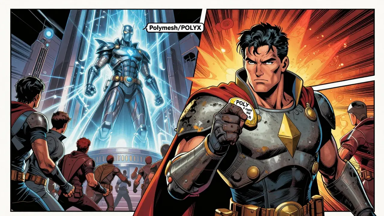 Comic scene contrasting legacy POLY token holder with rising Polymesh infrastructure.