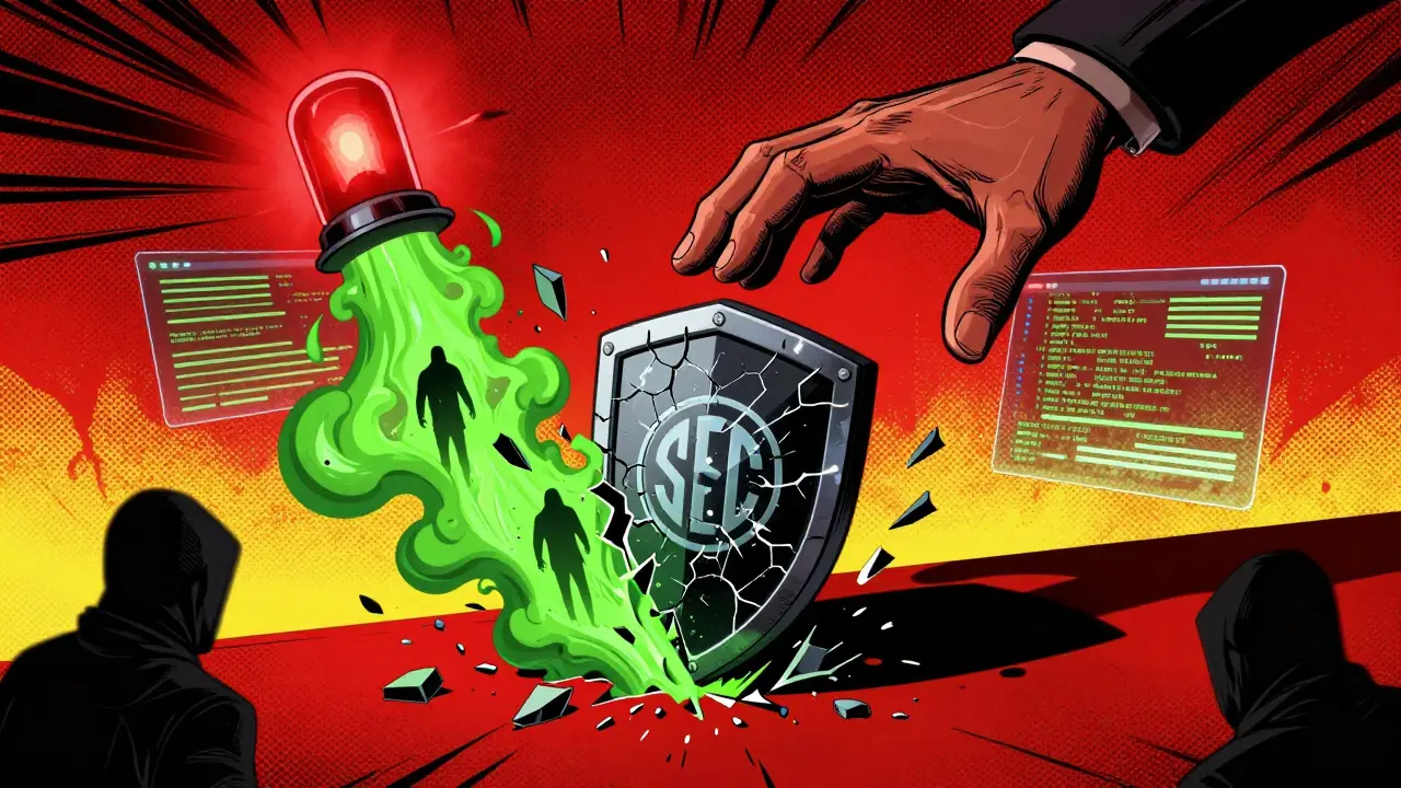 Comic style image of broken security shields and regulatory warnings.