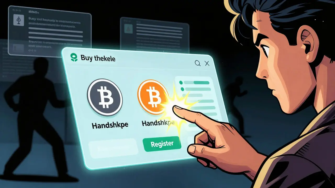 Comic style image showing easy HNS token purchase via holographic interface