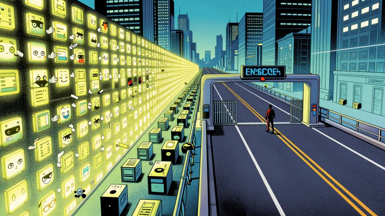 Comic style scene contrasting secure public networks with fast, compliant private systems.
