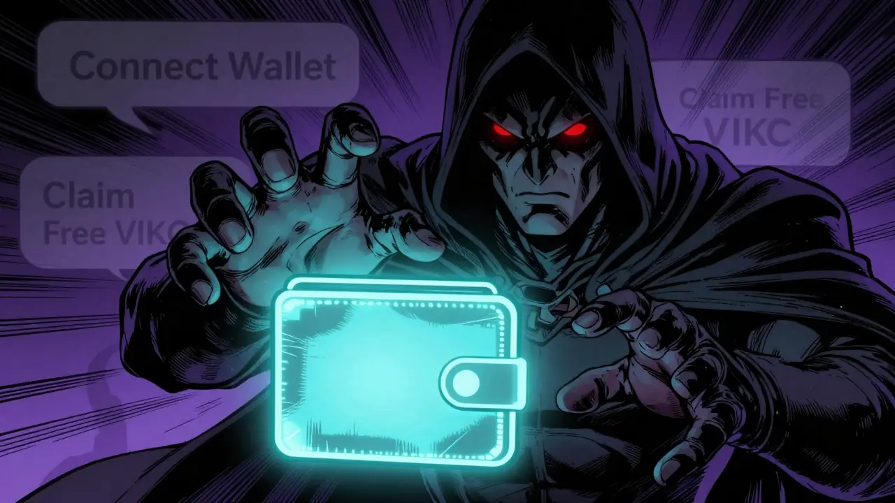 Comic style villain trying to steal a digital wallet via phishing scam