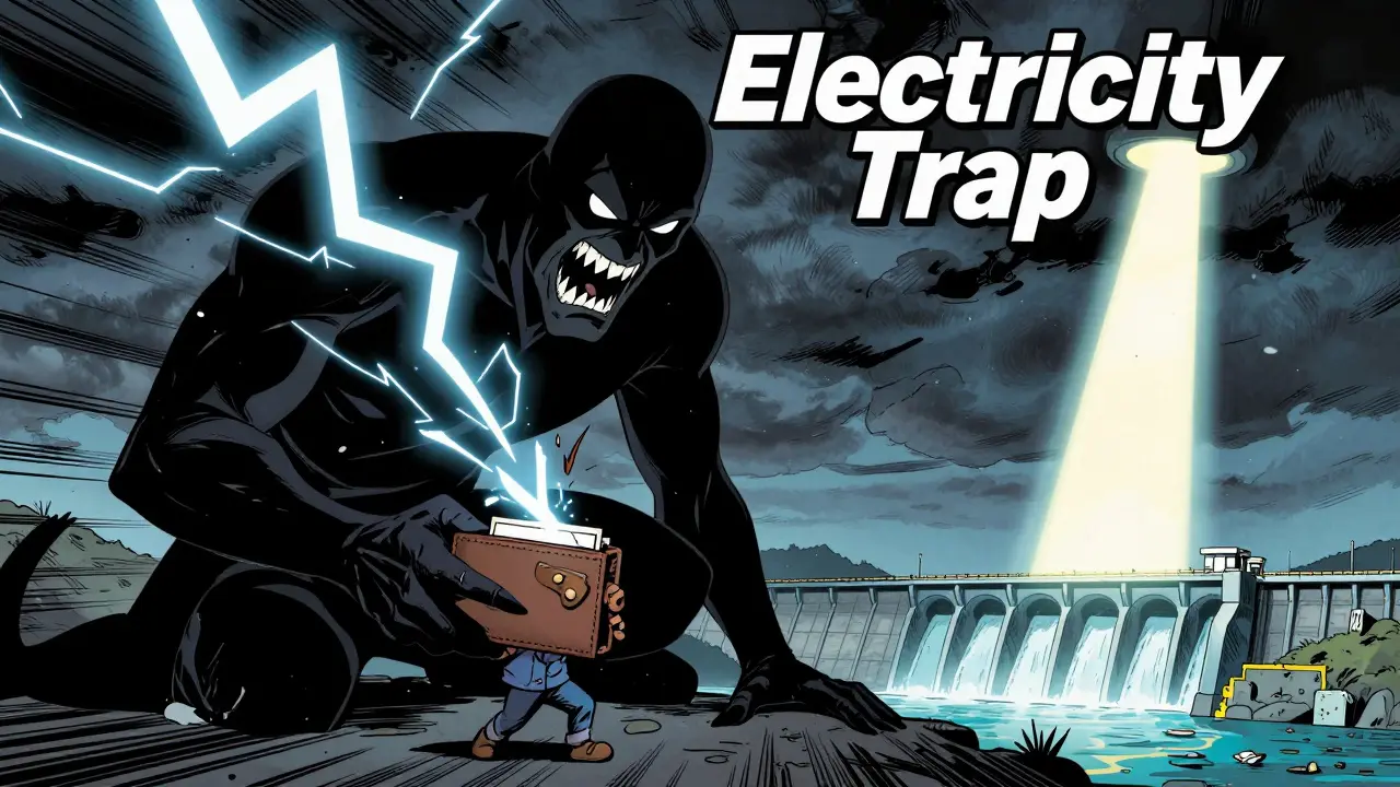 Comic villain representing high electricity costs draining a miner's profits
