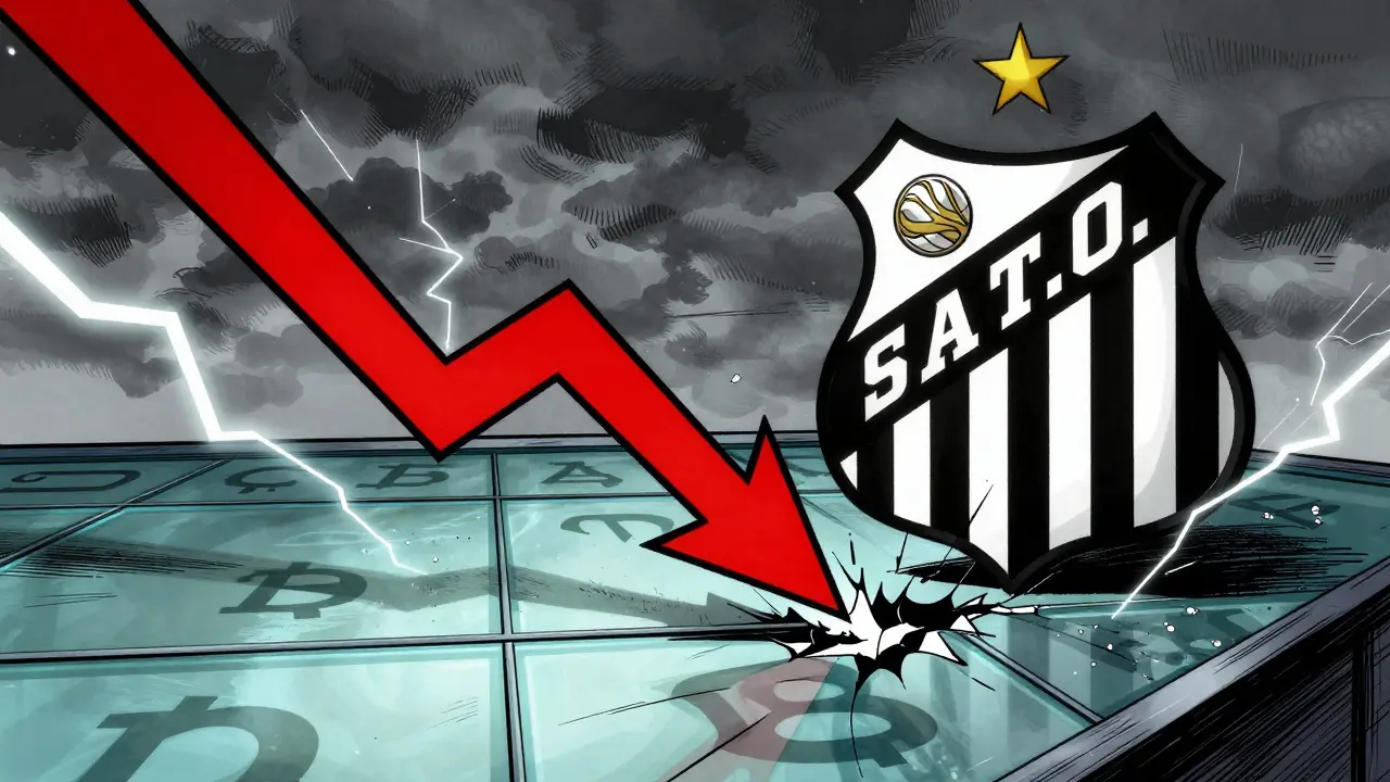 Cracked shield amidst falling crypto arrows representing risk