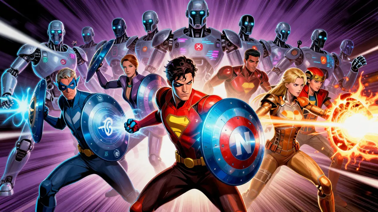Creators using blockchain shields to defend against AI robots in a comic battle.