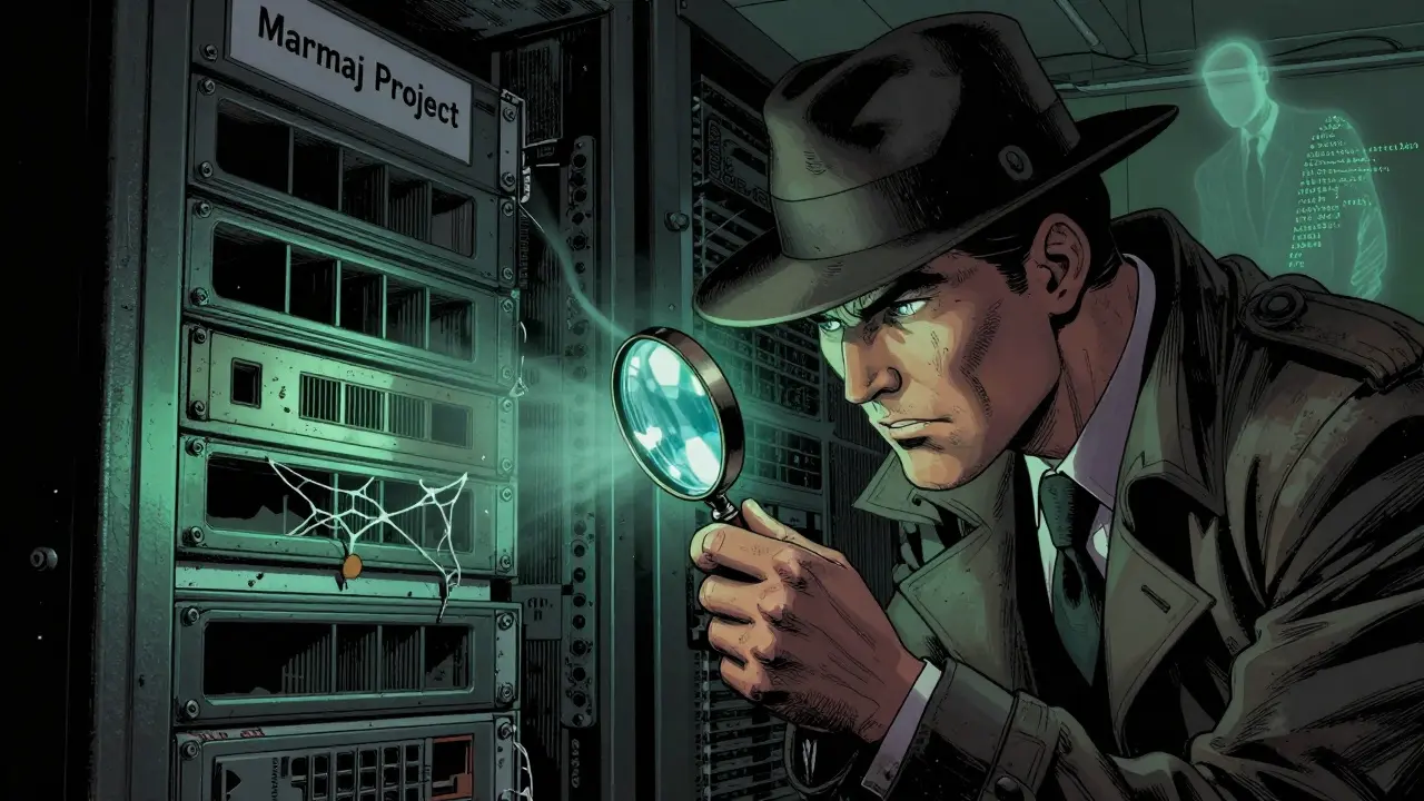 Detective investigating an abandoned Marmaj project server in comic book style