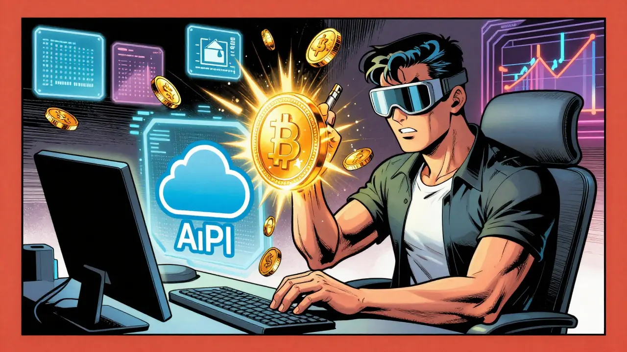 Developer transforming an API into a glowing crypto token in comic art