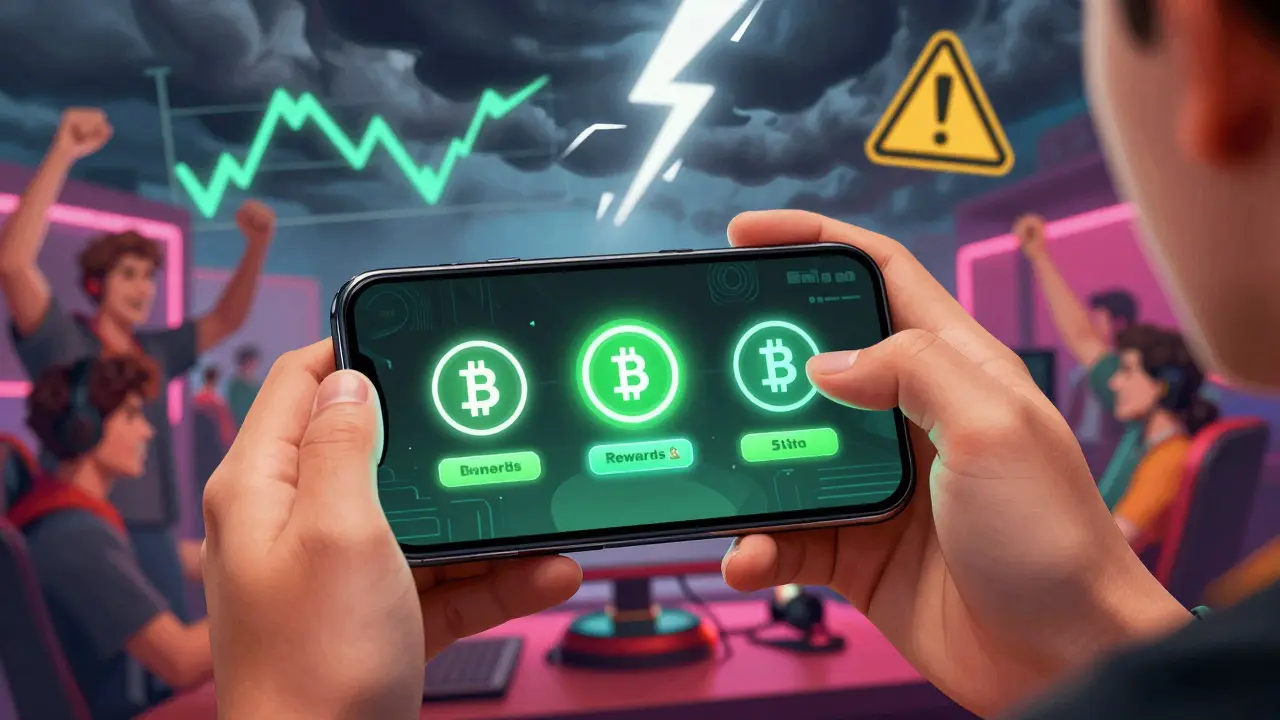 Gamer holding phone with game rewards amidst stormy volatility clouds