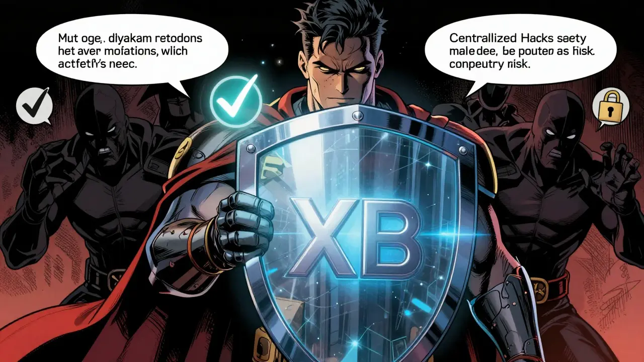 Guardian shield protecting user assets from centralized risks in comic style.