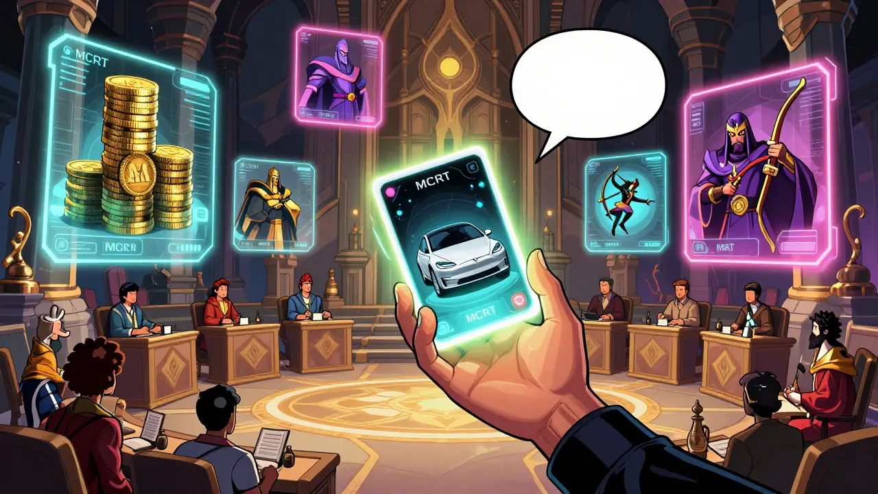 Hand reaching for a Tesla prize inside a glowing NFT card interface.