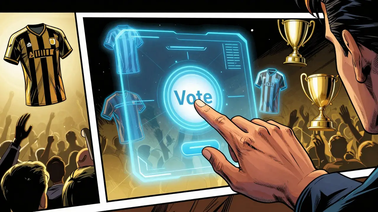 Hand touching holographic voting interface for fan rewards