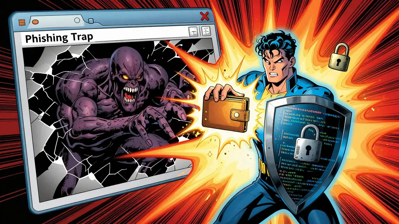 Hero blocking phishing monster grabbing a crypto wallet