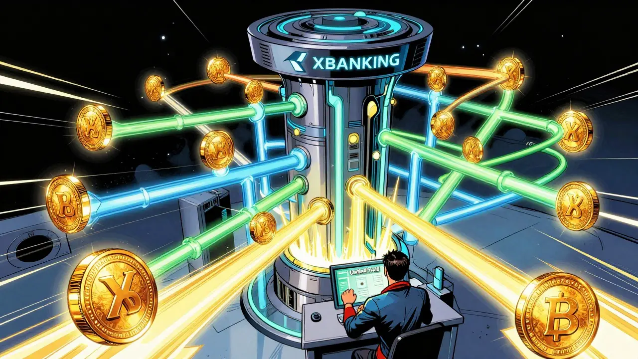 Hero managing multi-chain liquidity flows in a futuristic XBANKING control room.