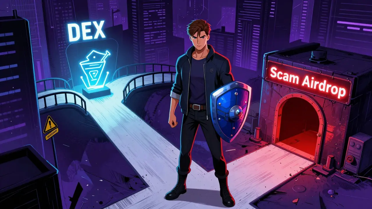 Hero navigating risky crypto paths avoiding scam traps in comic style