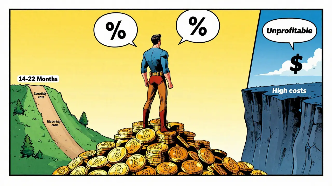 Hero standing on coins showing profitable vs unprofitable mining paths