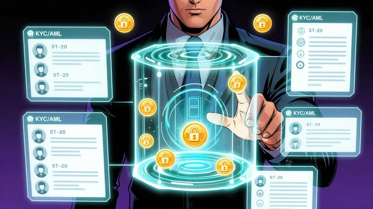 Hero verifying identities and creating secure ST-20 tokens on a blockchain interface.
