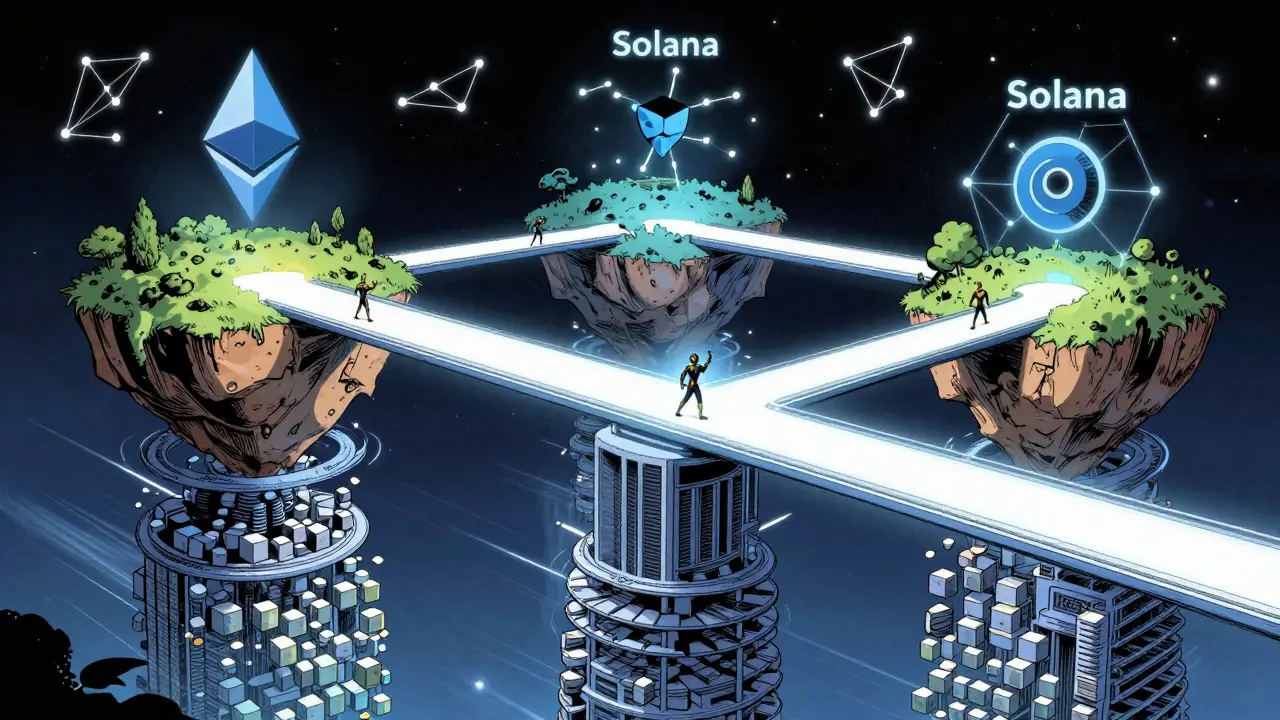 Heroic figures crossing luminous bridges between blockchain islands