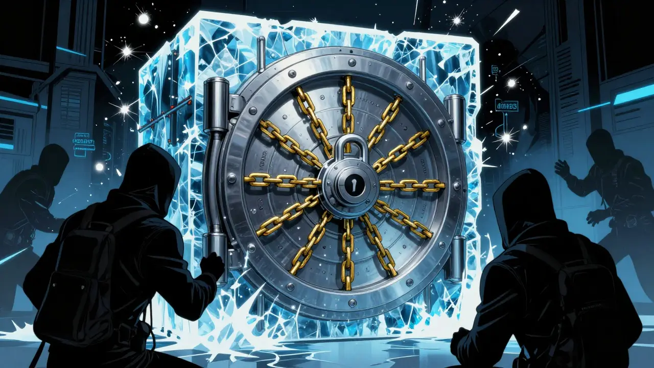 Heroic vault repelling shadowy hackers in a dynamic comic book scene.