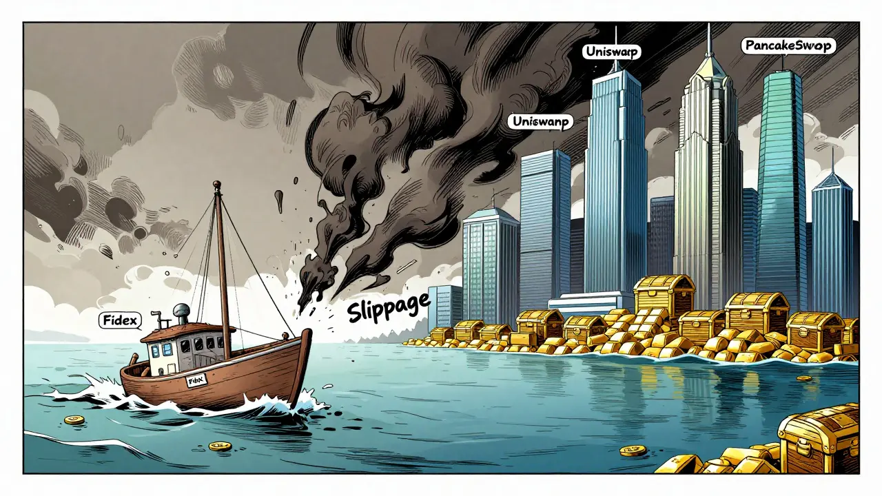 Illustration showing Fidex's low liquidity compared to massive major exchanges.
