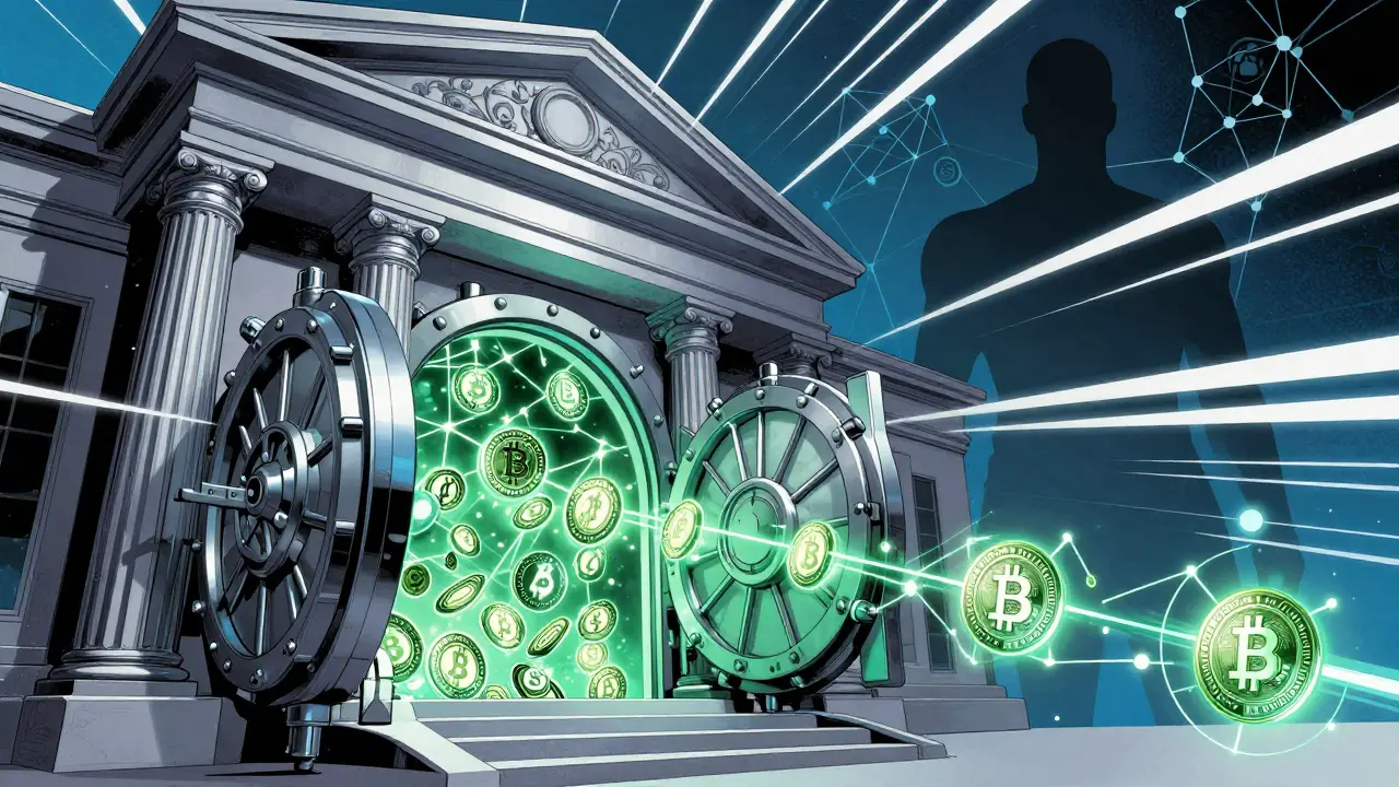 Institutional banks securely integrating with blockchain networks in comic style.