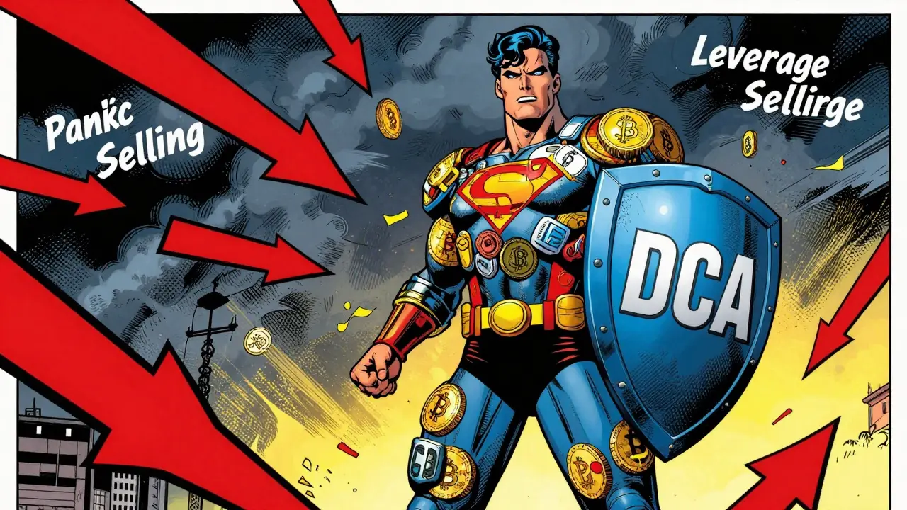 Investor hero using DCA shield to defend against market crash storm