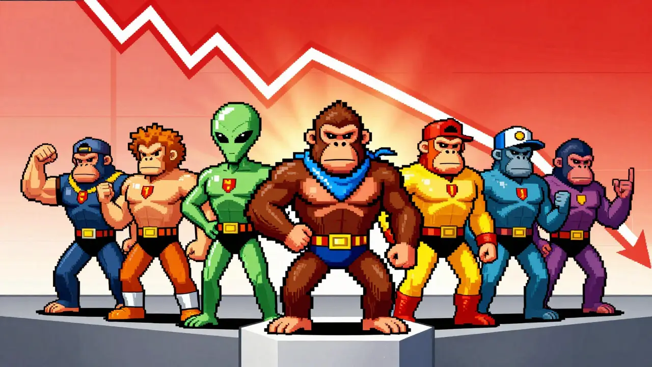 Pixelated CryptoPunk apes and aliens posed as heroes amidst a market crash.