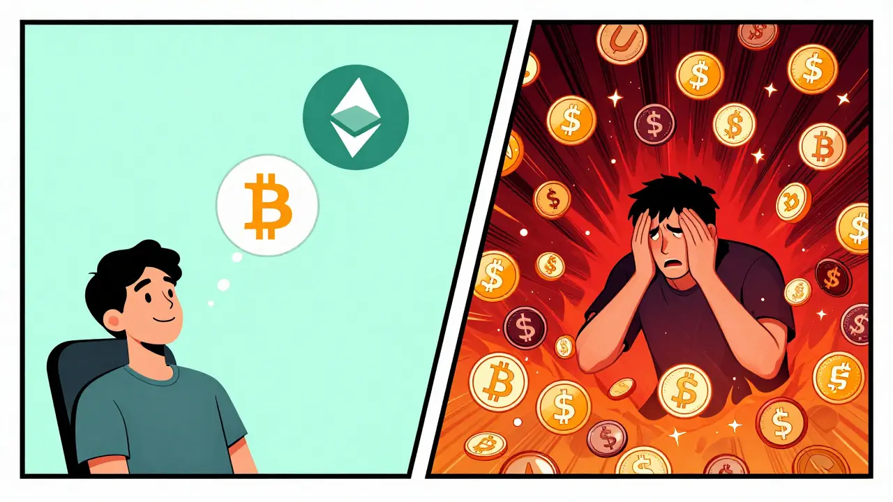 Split panel comparing simple crypto trading with chaotic altcoin markets.