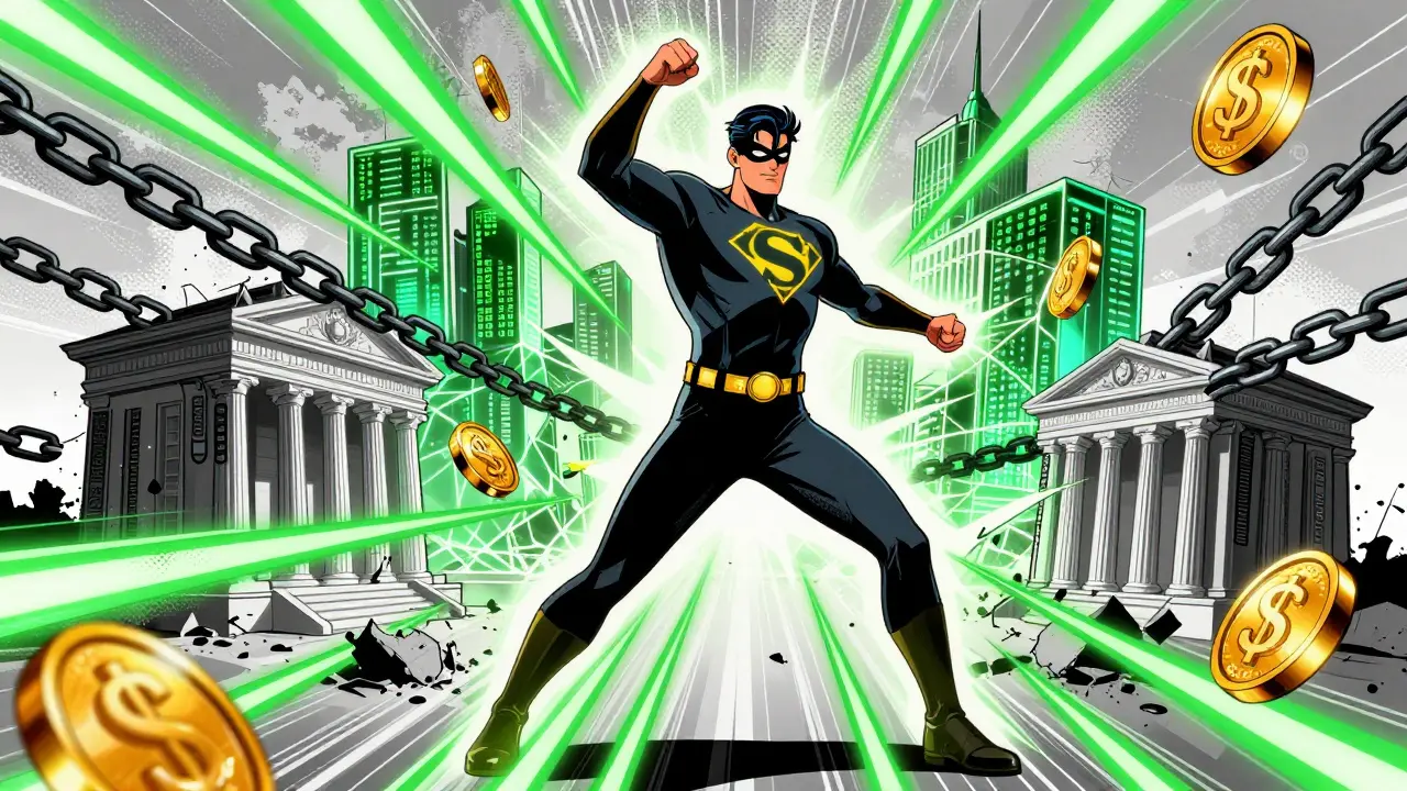 Superhero breaking free from corporate chains, surrounded by glowing crypto payments.