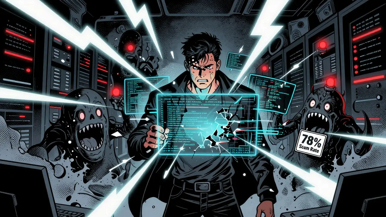 Superhero comic showing an investor surrounded by scam monsters and broken code glitches