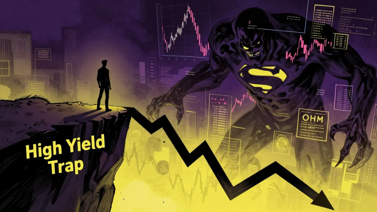 Superhero comic showing investor at risk from volatile DeFi yields