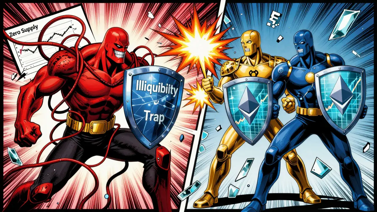 Superhero comic showing reliable crypto heroes fighting zero-supply data villains