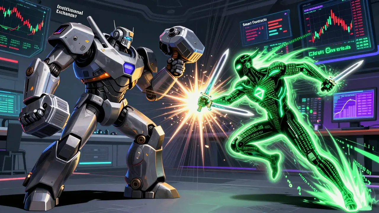 Superhero style clash between a CEX robot and a DeFi speedster on a trading floor.