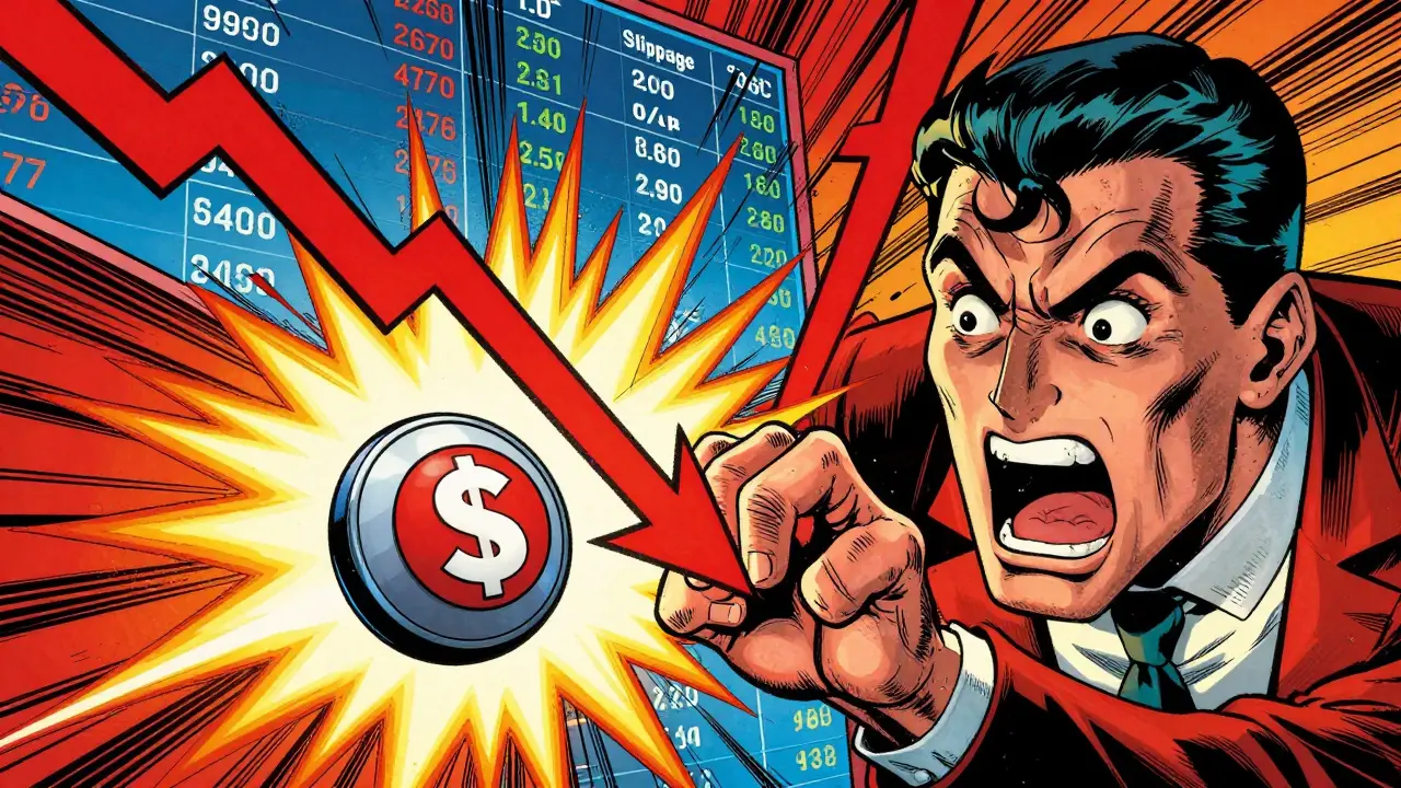 Superhero style illustration of slippage causing a dramatic price crash and loss.