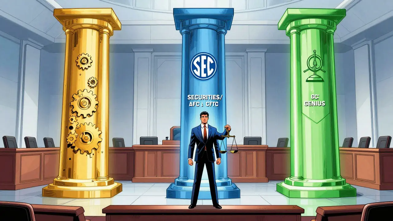 Three glowing pillars representing clear crypto asset classifications in comic art.