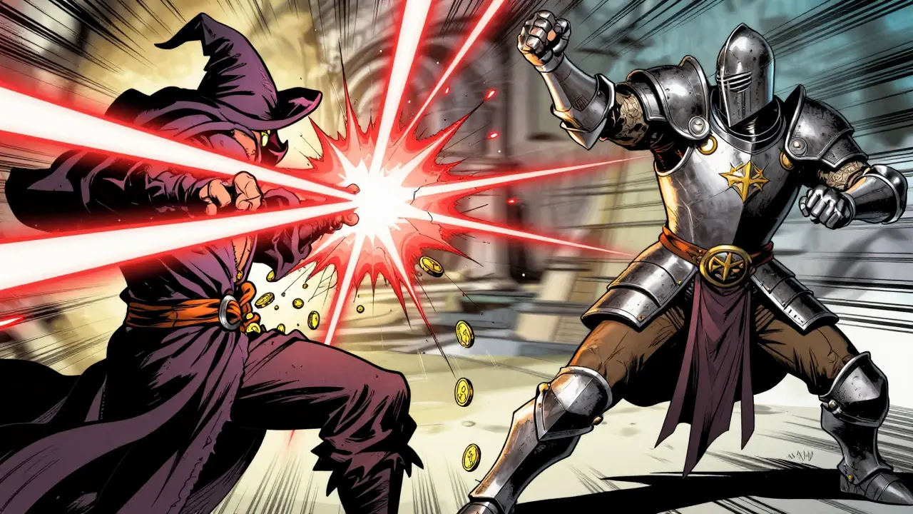 Two fantasy fighters dueling with gold spilling from defeated player.