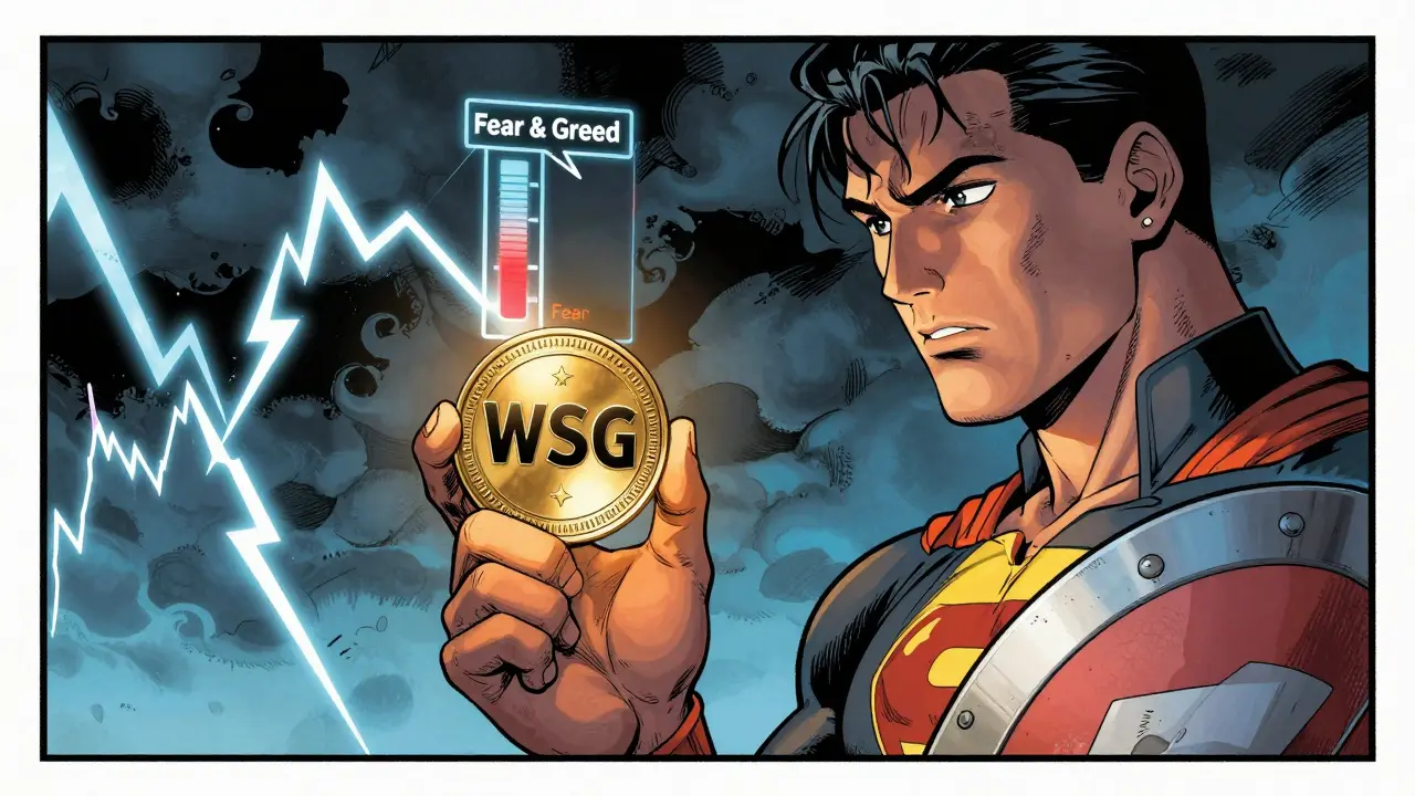 Vigilante inspecting WSG token amid stormy market volatility clouds