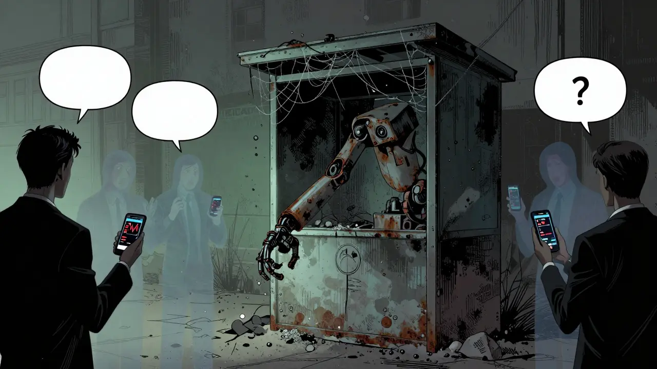 Abandoned, dusty recycling robot in comic style, surrounded by confused ghostly traders.