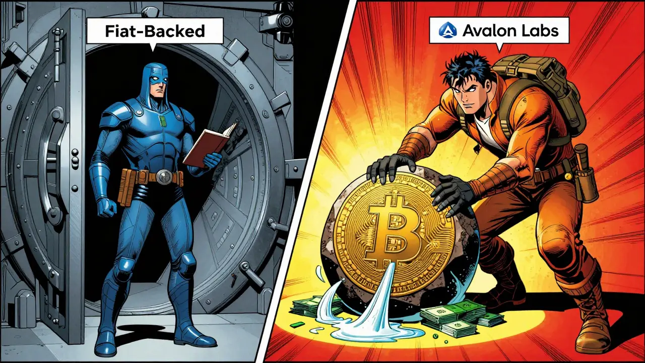 Comic art contrasting Cardano's fiat stability with Avalon's BTC liquidity