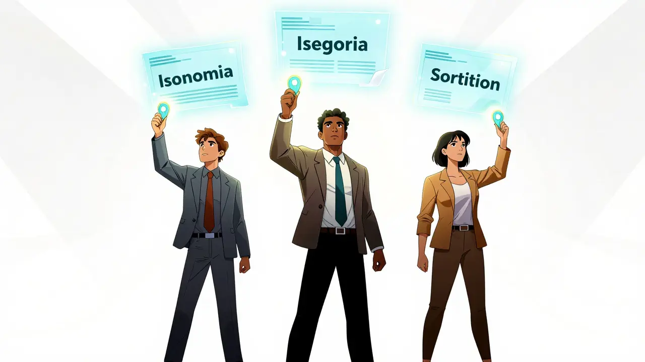 Comic art depicting citizens using tokens for democratic governance in the SORA Parliament.