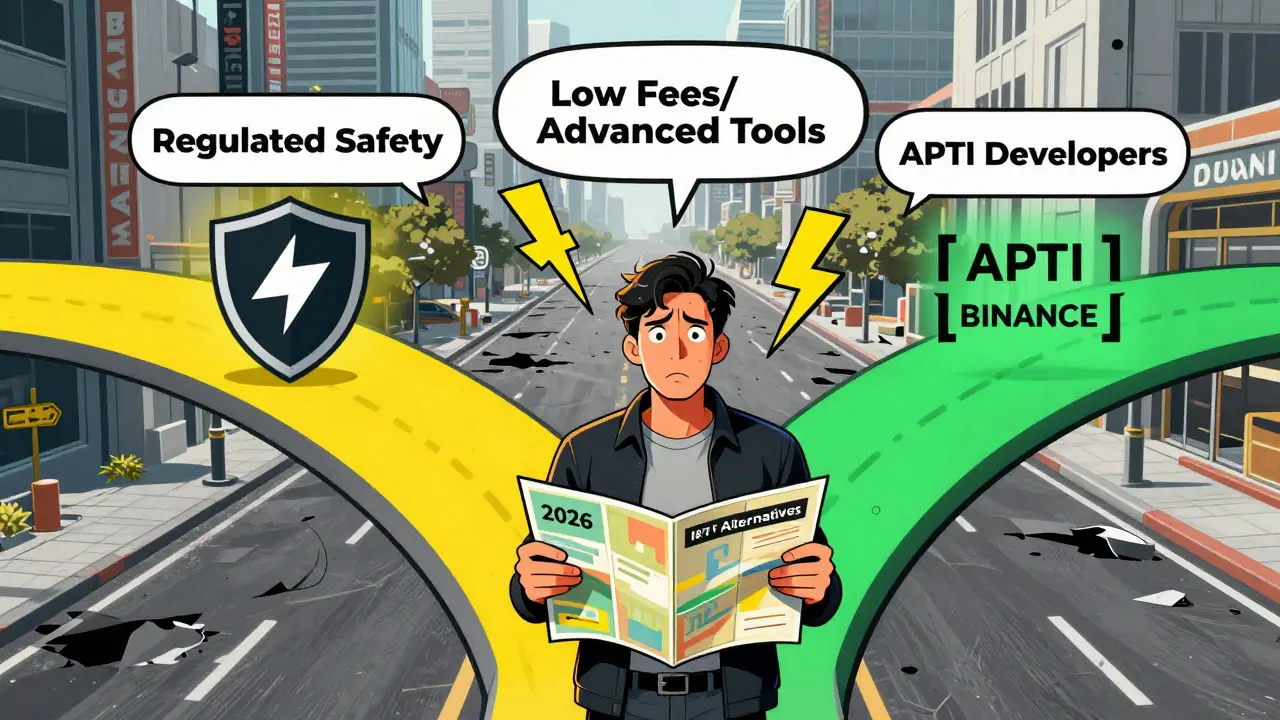 Comic art of a trader choosing alternative crypto exchanges at a futuristic crossroads.