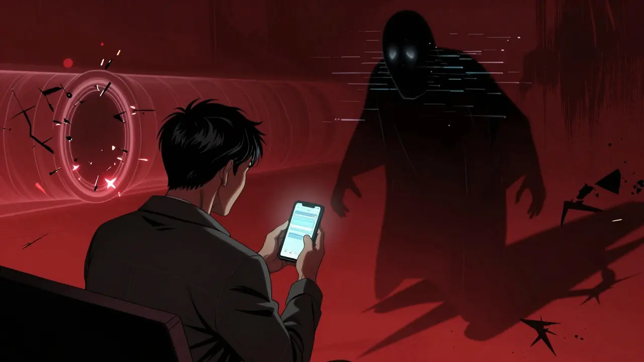Comic art of trader facing risky unlicensed crypto ghost