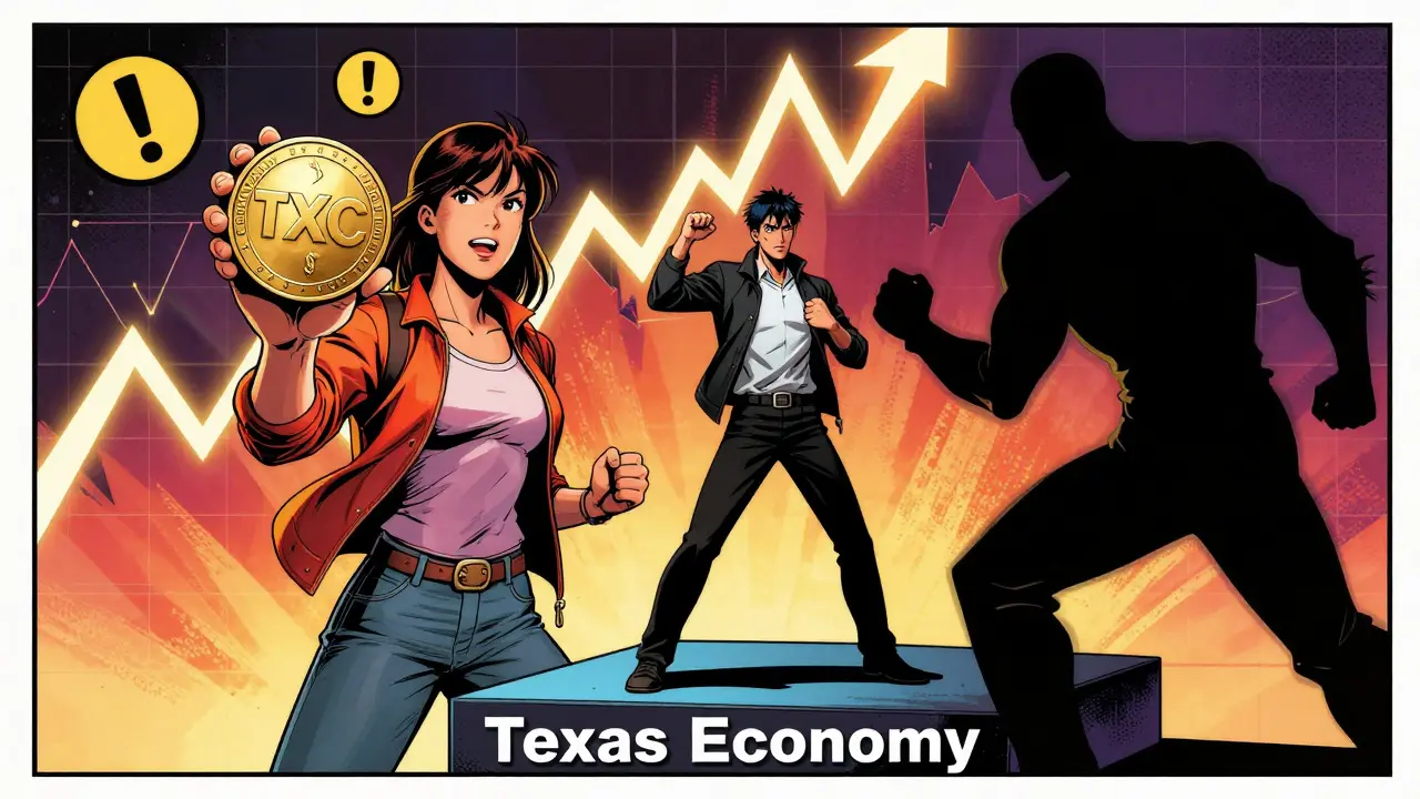 Comic art of user holding TXC coin against volatility