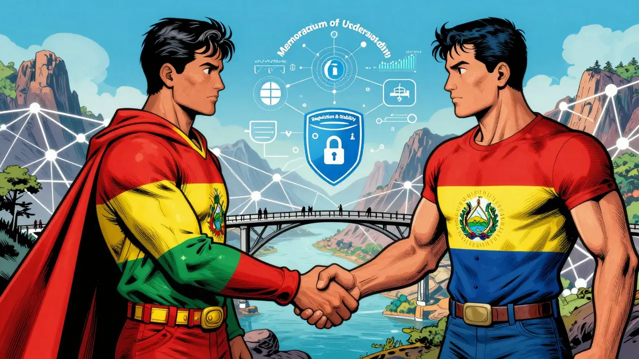 Comic book art of Bolivia and El Salvador shaking hands over a blockchain network bridge