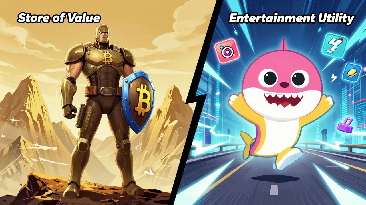 Comic comparison of Bitcoin stability vs Baby Shark speed
