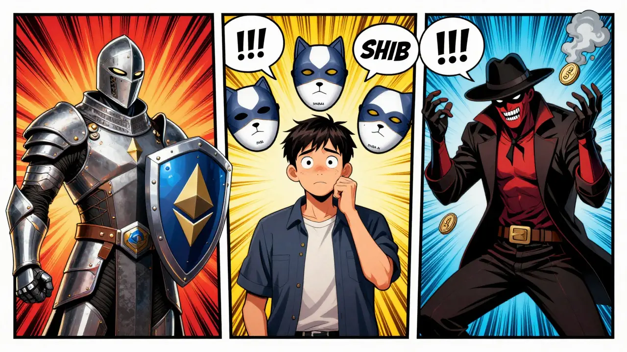 Comic comparison of established coin vs confusing meme token variants